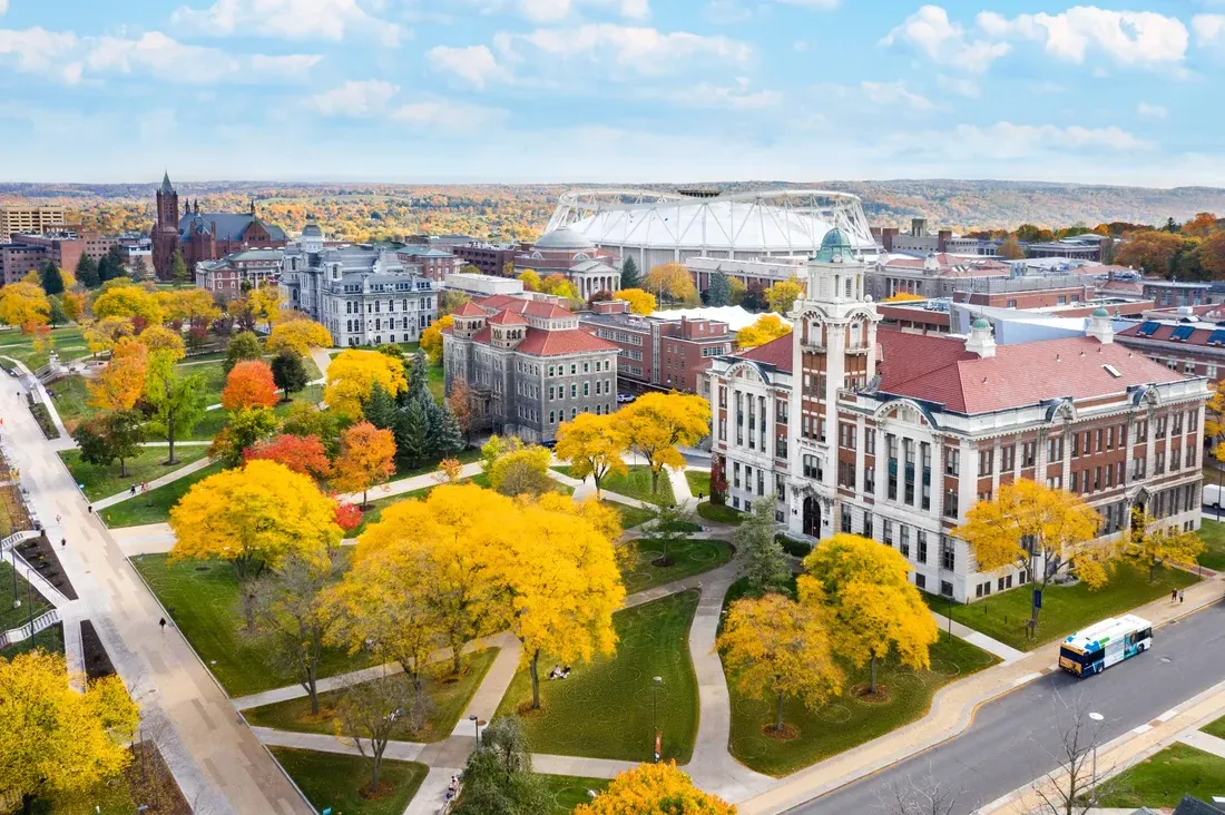 View of campus from above, with fall foliage.