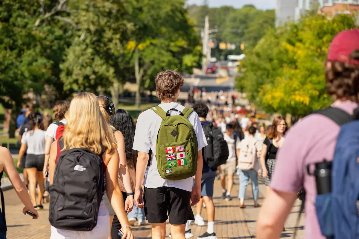 Students walking through campus.